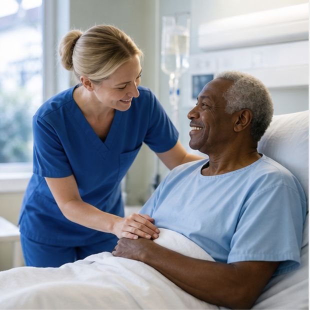 Nurse comforting a patient recovering in a hospital bed